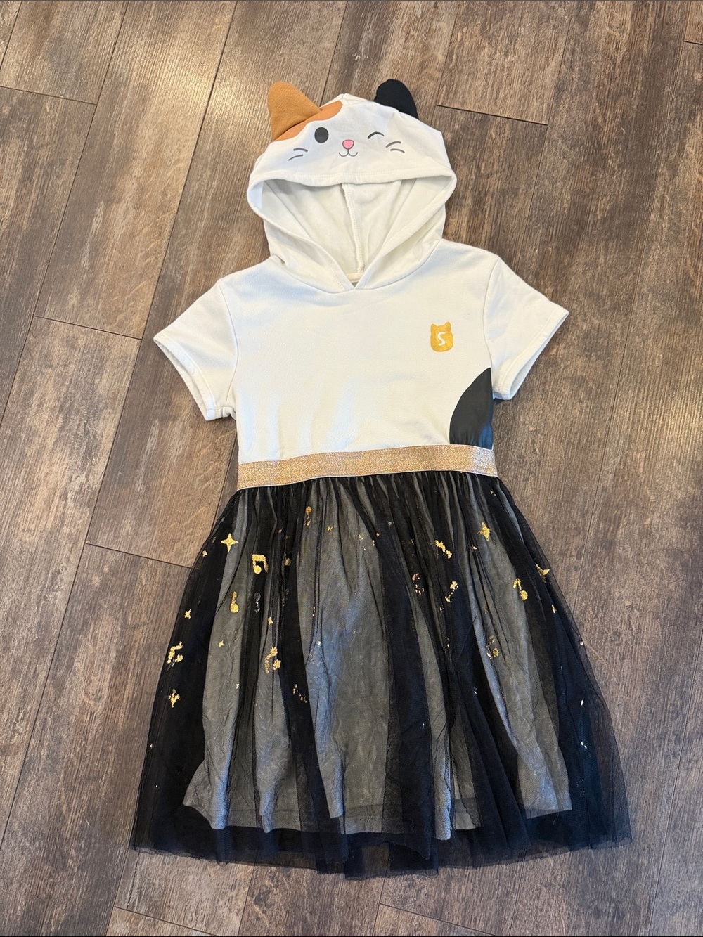 Squishmallows White Hooded Cat Dress with Black Tulle and Gold Accents